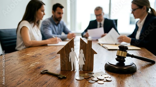 Divorce and separation legal concept with gavel, split house model, couple sitting at table signing documents, lawyer consultation, estate division, key and coins, relationship breakdown