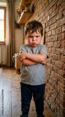 Young boy standing with arms crossed and a grumpy facial expression in a home interior