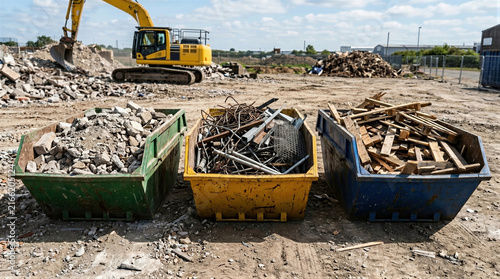 Three skip container with sorted construction waste concrete rubble scrap metal and wood on demolition site. Recycling separation and sustainable building material reuse and circular economy concept