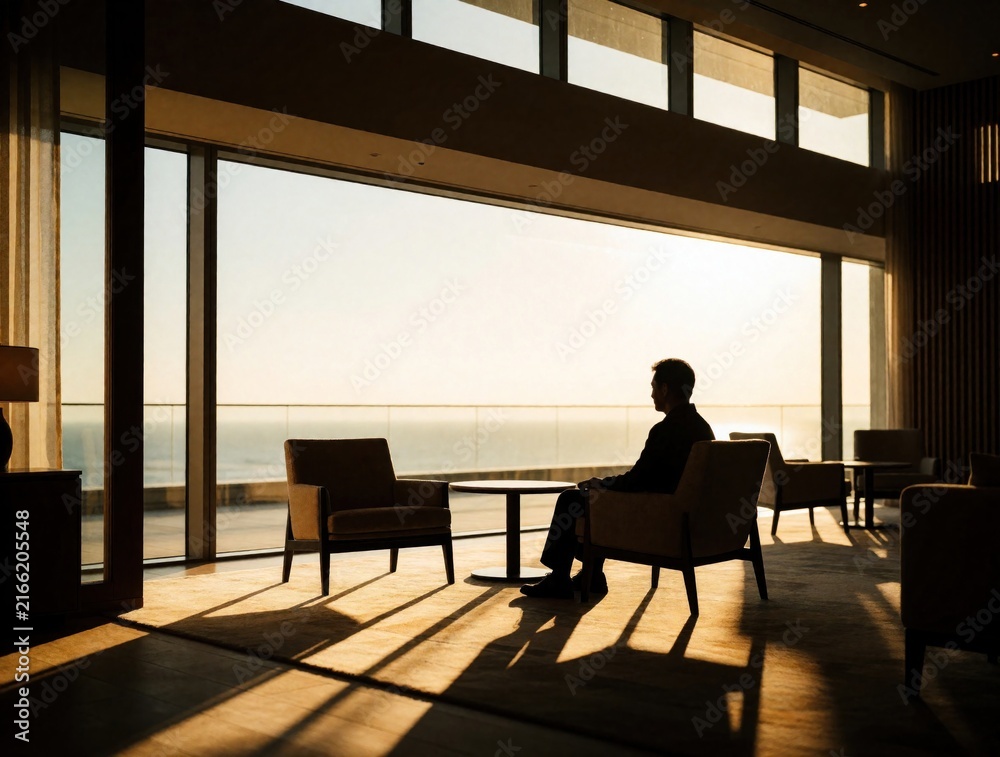 Fototapeta premium Silhouette of person sitting in luxury hotel lobby near big windows. Man relaxes in armchair looking at ocean view during sunset. Peaceful lounge interior with warm sunlight, modern furniture, calm