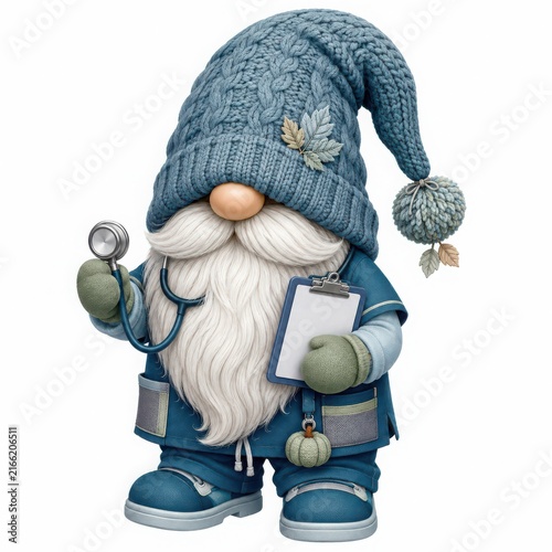 Whimsical Gnome in Scrubs with Stethoscope and Clipboard