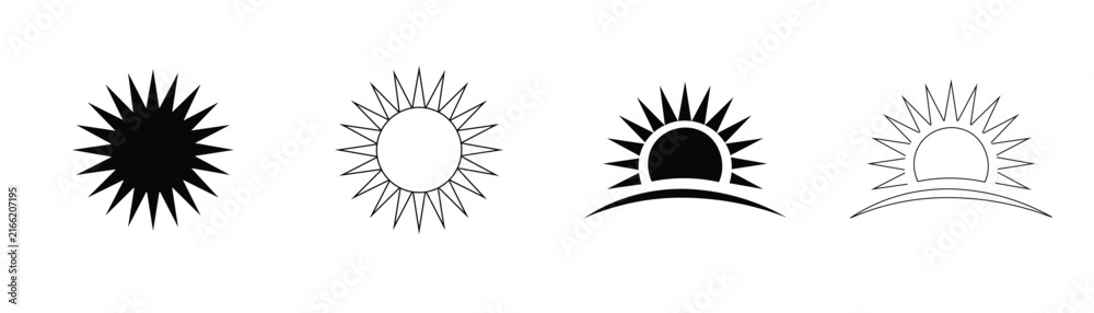 Fototapeta premium Sun icon set vector illustration featuring sunburst sunrise linear and filled geometric solar symbols for climate weather nature web design projects