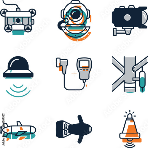 Set of marine technology and underwater exploration icons including ROV sonar diving helmet and nautical engineering sensors for ocean research
