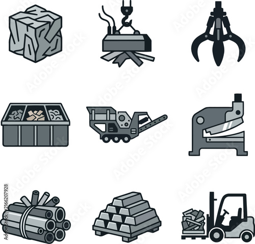 Scrap Metal Recycling and Industrial Material Handling Icons Set for Manufacturing and Waste Management Operations