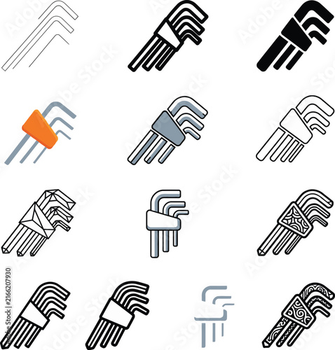 Hex Key Wrench Set Icon Collection for Repair, Maintenance, Construction, and Hardware Tool Design