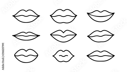 Monoline Lips Outline Vector Set with Various Mouth Shapes. Minimalist Line Art Design for Icons, Logos, and Illustratio