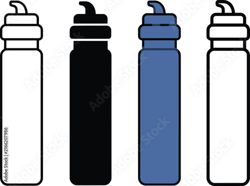 Sports water bottle vector icons set in outline silhouette and color style