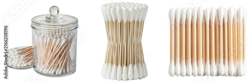 Cotton swabs in a glass jar and arranged in rows, isolated on white background