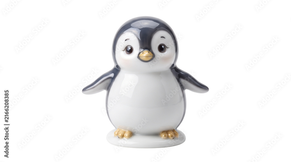 Fototapeta premium Adorable ceramic penguin figurine, cute porcelain bird statue with gold accents, glossy white and gray nursery decor on white background