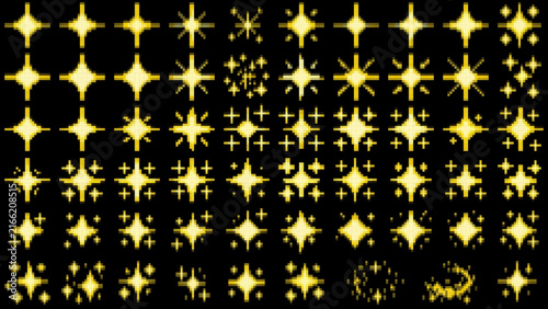 Golden Pixel Art Sparkle and Star Icons Collection, Golden Pixel Art Stars Sparkles and Fantasy Effects