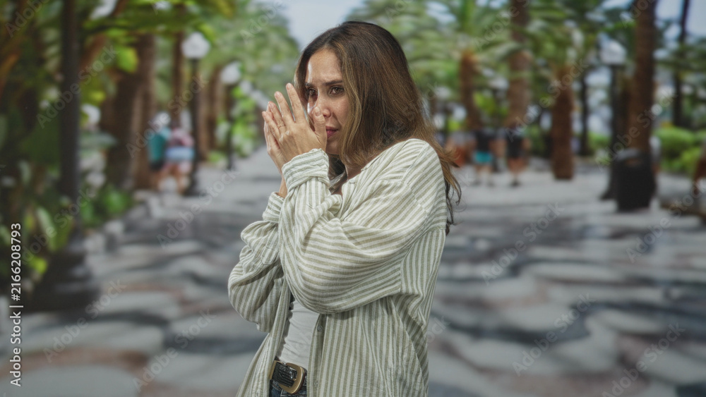 Fototapeta premium Woman with hands covering face on a palm lined street, wearing striped shirt and jeans, side profile visible; anxiety vulnerability.