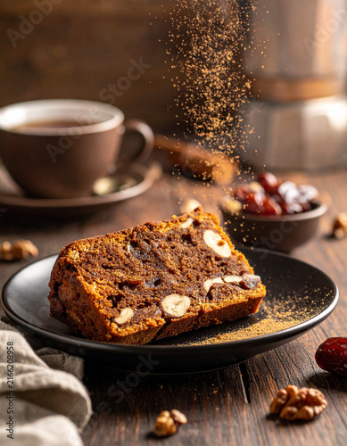 Slices of date cake with walnuts and a light dusting of cinnamon on a dark plate near tea.