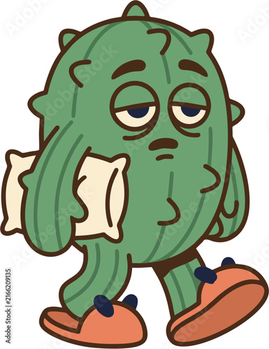 Close-up of a cartoon green monster character with big eyes and fangs.