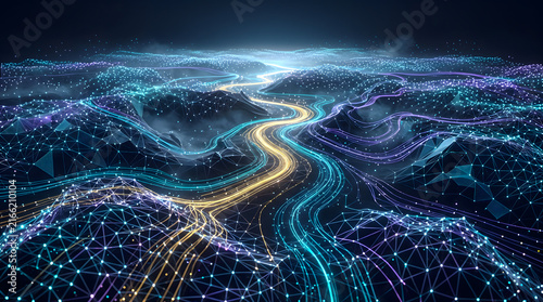 Abstract futuristic digital landscape with luminous highway data paths