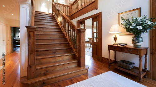 A warm wooden staircase in a well lit home hallway with a console table  lamp  and floral arrangement