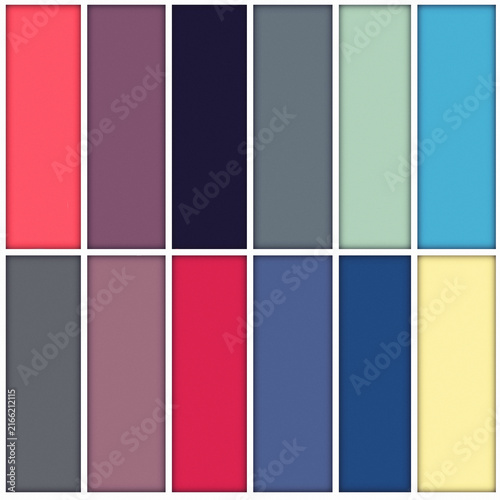 Illustrated minimalist design mid tone of olive green, navy blue, muove, red,green, pink, blue tones on swatches palette sample  rectangle pattern wallpaper background.
