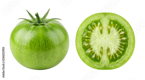 Fresh Whole and Sliced Green Tomato Isolated PNG Transparent Background