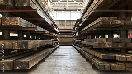 Long reclaimed timber beams stored in building material warehouse