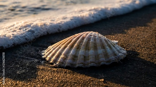 Seashell on sand beach with ocean waves.