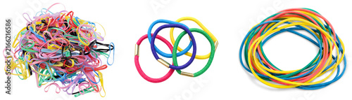 Konstfotografi Collection of colorful rubber bands and hair ties isolated on white background