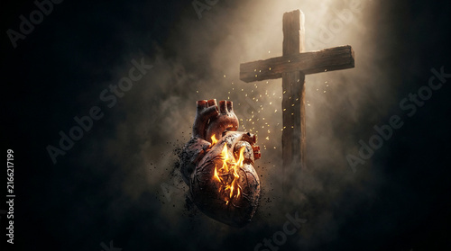 Burning Heart and Cross in Cinematic Light, Symbol of Christian Faith, Love, Hope and Devotion