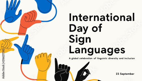 Colorful hands forming sign language gestures on poster