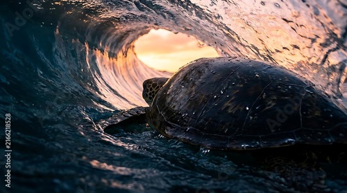 Sea turtle swimming through golden ocean wave barrel.