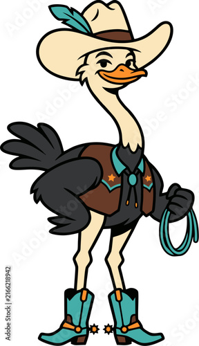 Cartoon cowboy riding a black and white horse outdoors.