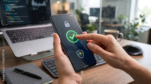 Secure mobile banking Hand using a smartphone with checkmark for verified transaction and shield icon for protection