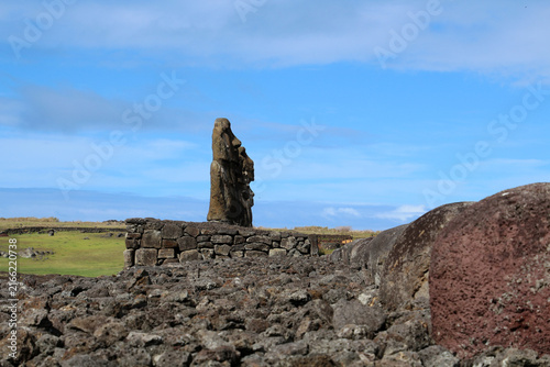 Side view of the ceremonial Ahu Tongariki complex and its moai statues, Easter Island, Rapa Nui, Chile, South America