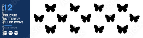 Butterflies Collection with Filled Icon Design. Delicate Butterfly Shapes Arranged in a Symmetrical Pattern, Ideal for Decorative Elements.