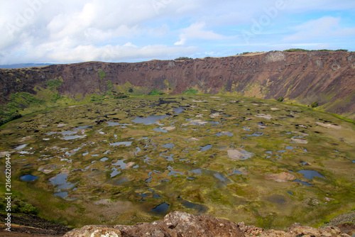 View into the volcano caldera of Rano Kau, an extinct shield volcano in the southwest of Easter Island- Rapa Nui, Chile, South America