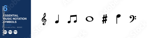 Essential Music Notation Symbols Set, Including Treble Clef, Eighth Note, Quarter Note, Whole Note, Sharp, Flat