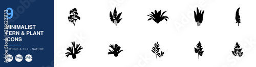 Fern & Plant Icons Set, Minimalist Design Featuring Various Fern Shapes and Botanical Illustrations. Ideal for Graphic Design and Web Elements.