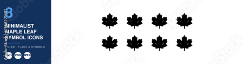 Maple Leaf Icons, a Set of Eight Minimalist Maple Leaf Symbols in Black, Arranged in a Grid Pattern. Simple Graphic Design Elements.
