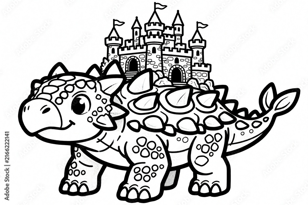 Fototapeta premium Cute cartoon Ankylosaurus dinosaur carries fairytale castle on its back. Black and white line art illustration for kids coloring page activity. Fun prehistoric creature drawing for children books.