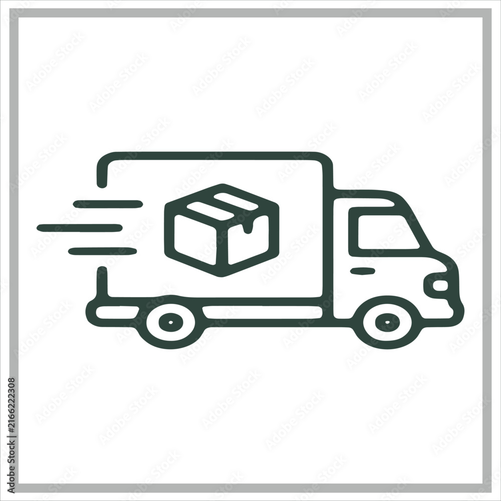 Fototapeta premium Fast delivery truck icon with a cardboard package box symbol showing express shipping service for logistics and online shopping businesses in a simple line style
