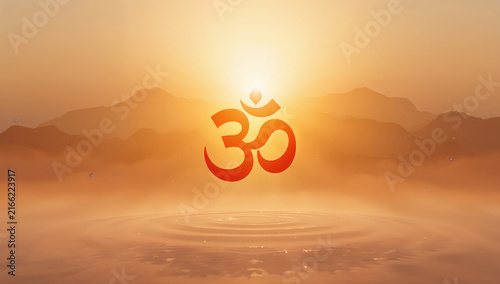 Spiritual om symbol glowing over sacred mountain landscape at golden sunrise with spirituality meditation mountains buddhism hinduism spiritual tranquility serenity religion enlightenment
