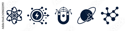 Physics Science Icons Set, Atom, Energy, Magnet, Space and Molecular Vector Collection