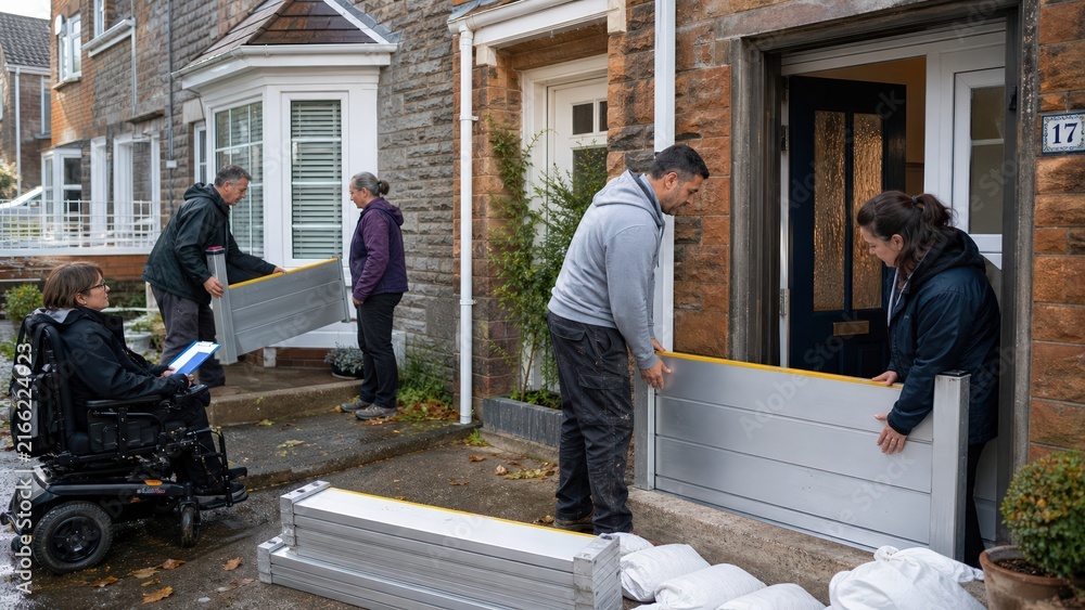 Fototapeta premium Neighbors Installing Temporary Flood Barriers