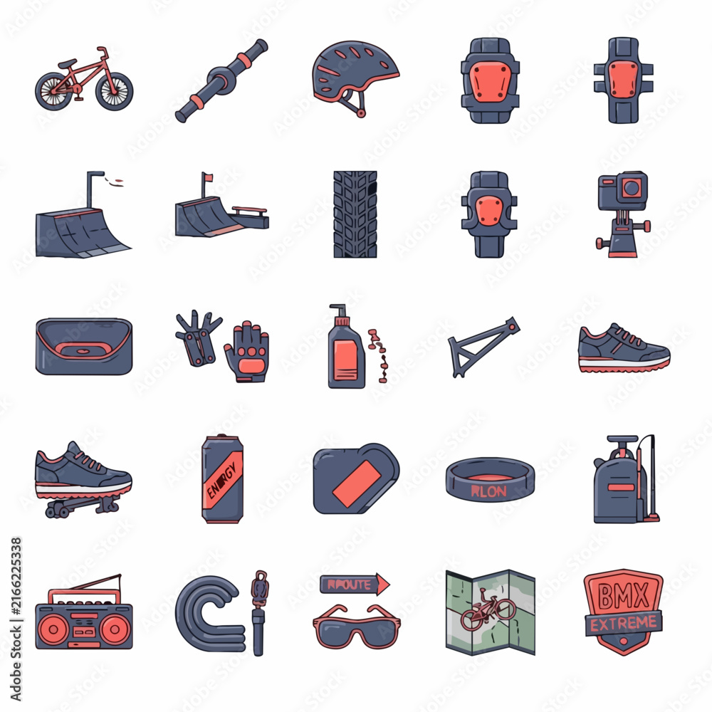 Fototapeta premium BMX biking gear and accessories flat illustration set