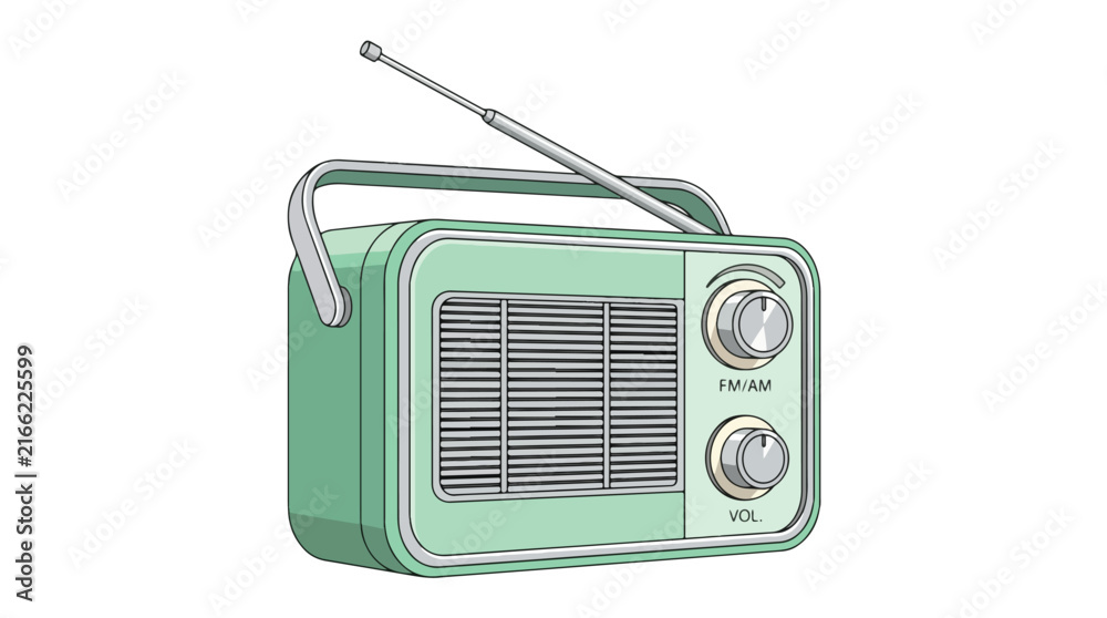 Obraz premium Retro mint green portable radio with antenna and volume knobs, isolated on white background.