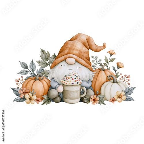Autumn gnome pumpkin coffee latte whipped cream sprinkle fall harvest cute cozy autumn gnome holding coffee latte with whipped cream sprinkle