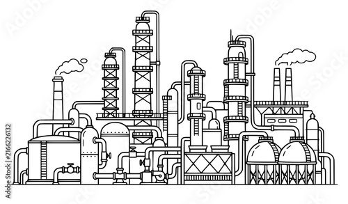 Petroleum Oil Refinery Plant Industrial Cartoon Black Line Vector Illustration
