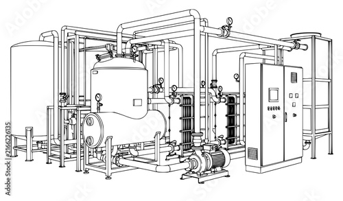 Bild auf Leinwand Industrial Dairy Pasteurization Equipment Tank Pipes and Heat Exchanger Vector