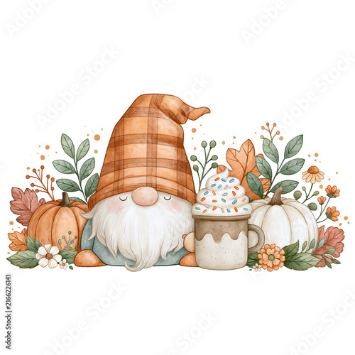 Autumn gnome pumpkin coffee whipped cream fall leaf warm drink cute character harvest cozy sprinkle gnome enjoys autumn pumpkin coffee with