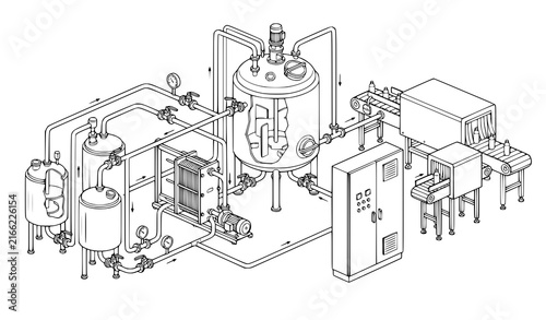 Foto Industrial Pasteurizer Production Line Factory Food Processing Black White Vecto