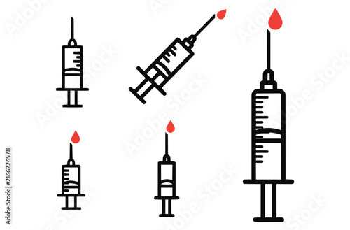 Syringe icons collection featuring black linear needle silhouettes with red drop highlights for medical care vaccination procedure laboratory testing clinic health services