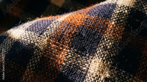 Macro close-up of textured woven fabric with navy blue beige and brown weave