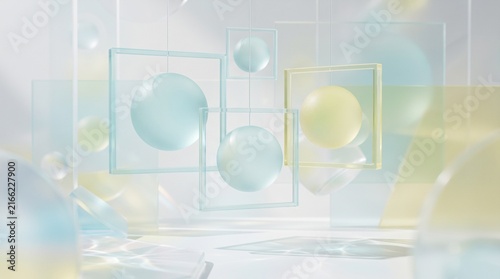 Abstract glass spheres and geometric frames in soft pastel light for modern background design